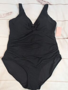 Feelingirl Deep V Metal Ring Ruched Sculpting Swimsuit Black XL NWT
